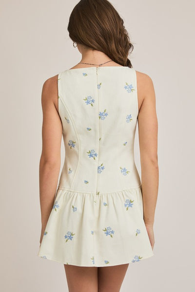 Cream and Blue Embroidered Sleeveless Dress
