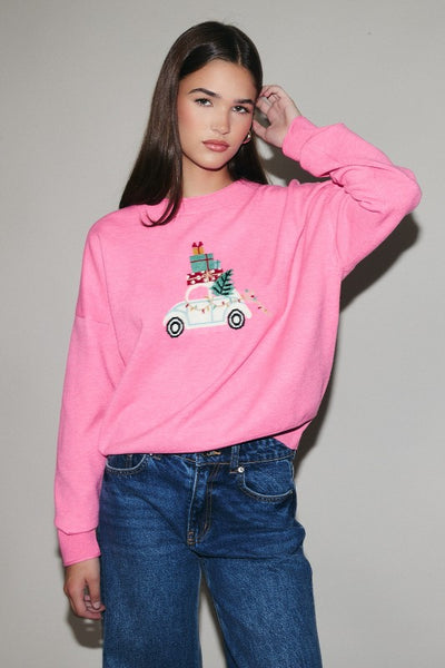 Pink Christmas Car Sweater