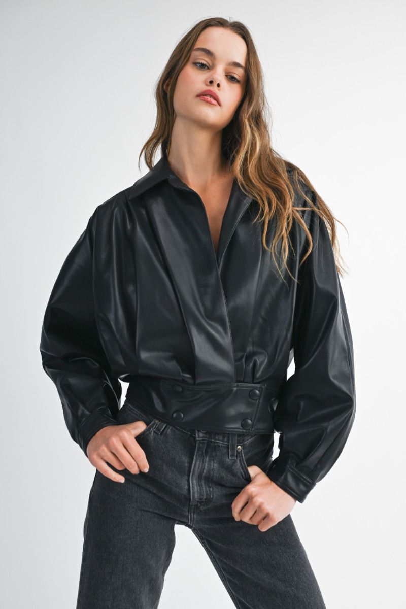Black Faux Leather Pleated Bomber Jacket
