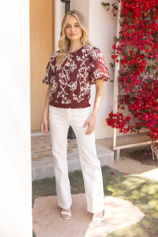 Floral Embroidered Bubble Sleeve Top- Garnet