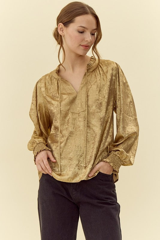 Golden Metallic Ruffle Neck Top