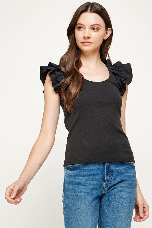 Poplin Ruffle Sleeve Detail Top- Black