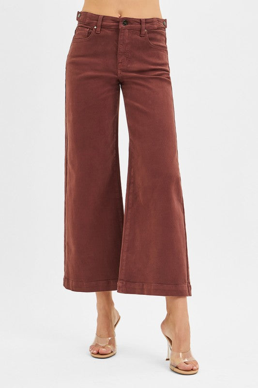 Wide Leg Adjustable Waist Denim- Choco Brown