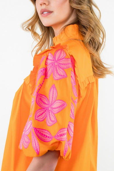 Orange Embroidered Puff Sleeve Poplin Top