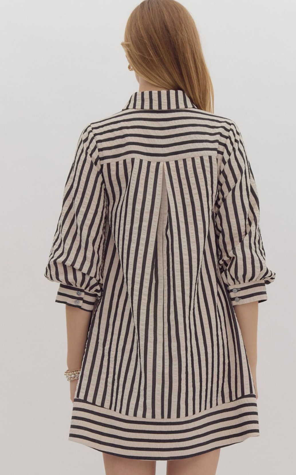 Black Striped Seersucker Long Sleeve Mini Dress