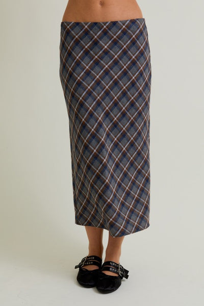 Grey and Brown Plaid Midi Skirt