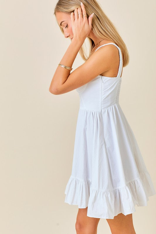 Ruched Strap Mini Dress- White