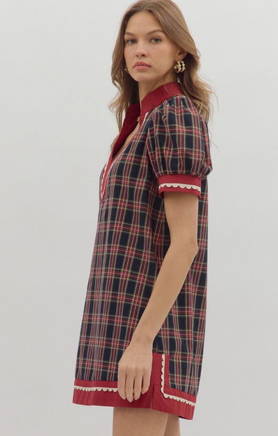 Navy Plaid Puff Sleeve Mini Dress