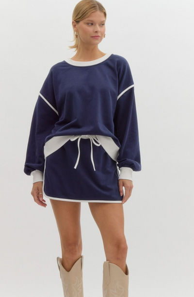 Contrasting Trim Sweatshirt and Skirt Set