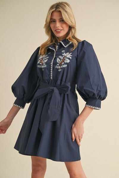 Navy Embroidery Belted Dress