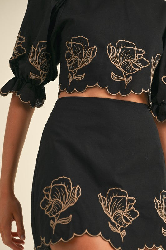 Scalloped Hem Embroidered Skirt Set