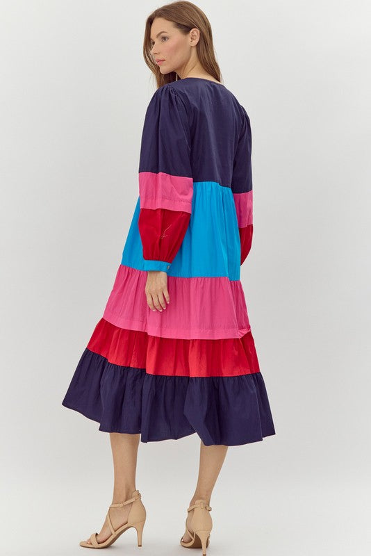 Navy Color Blocked Tiered Midi Dress