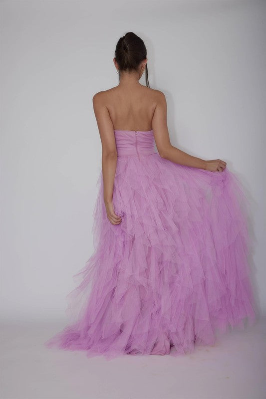 Purple Strapless Tulle Maxi Dress