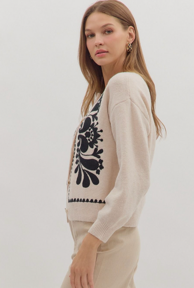 Cream and Black Embroidered Sweater Cardigan