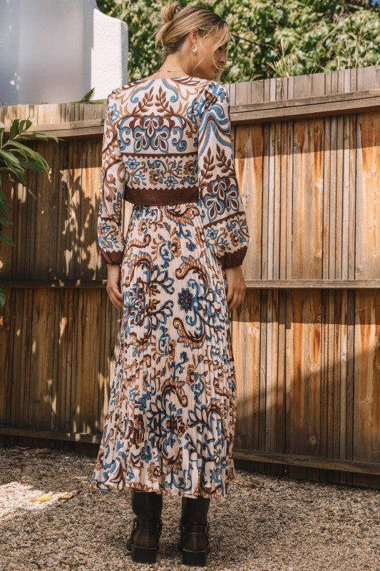 Brown and Blue Printed Pleated Midi Skirt