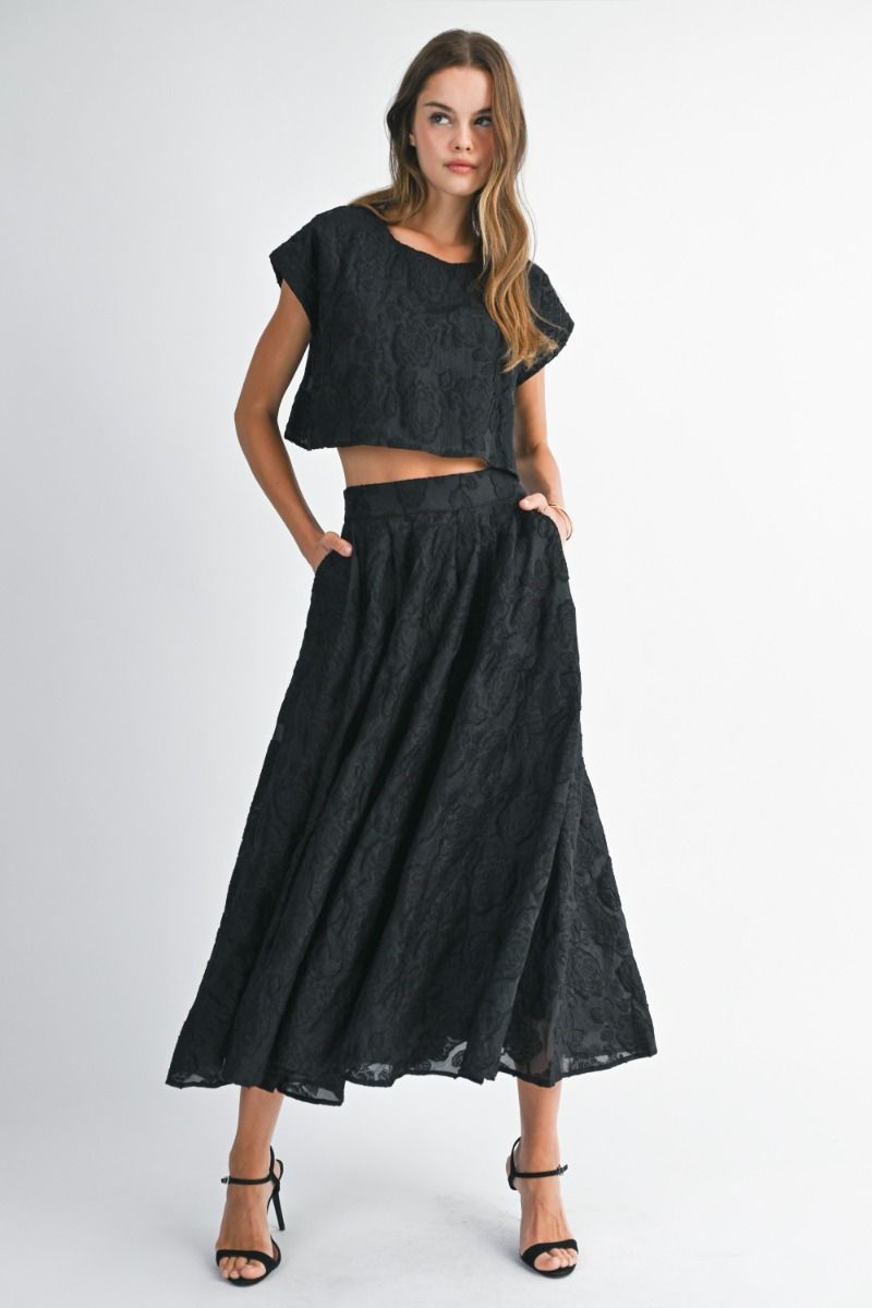 Floral Textured Crop and Skirt Set- Black