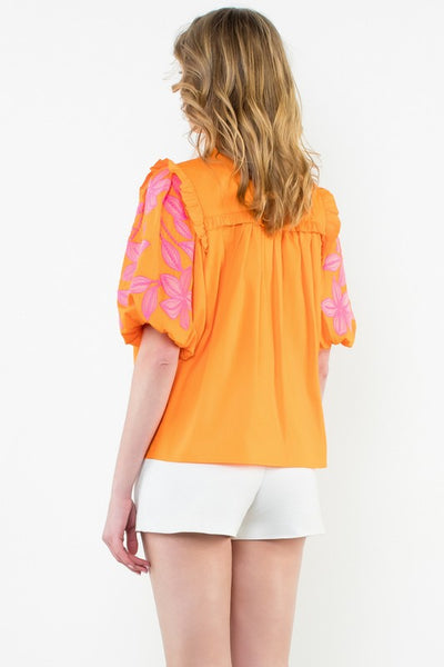 Orange Embroidered Puff Sleeve Poplin Top