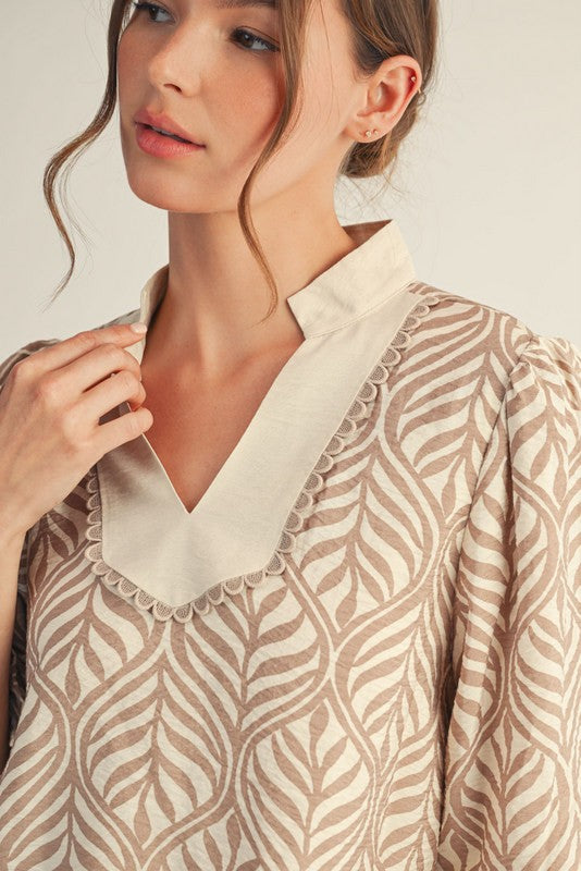 Taupe Boho Leaf Print Top