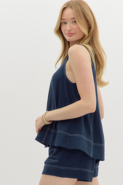 Navy Stitch Detail Short Set