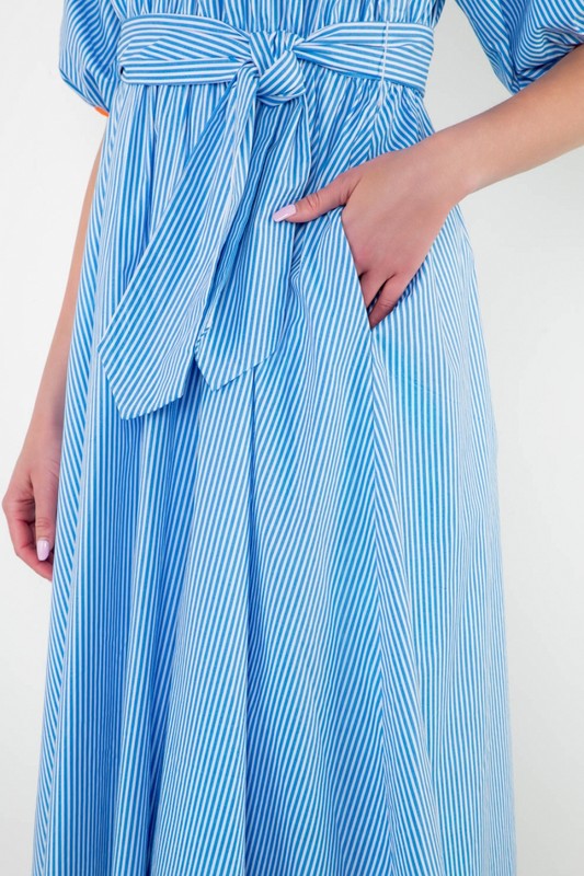 Blue Puff Sleeve Striped Midi Dress