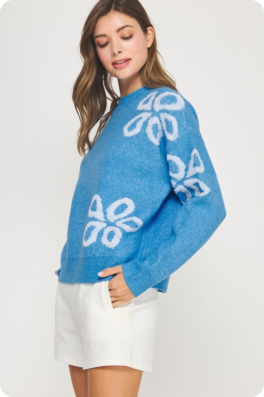 Blue Floral Embroidered Sweater