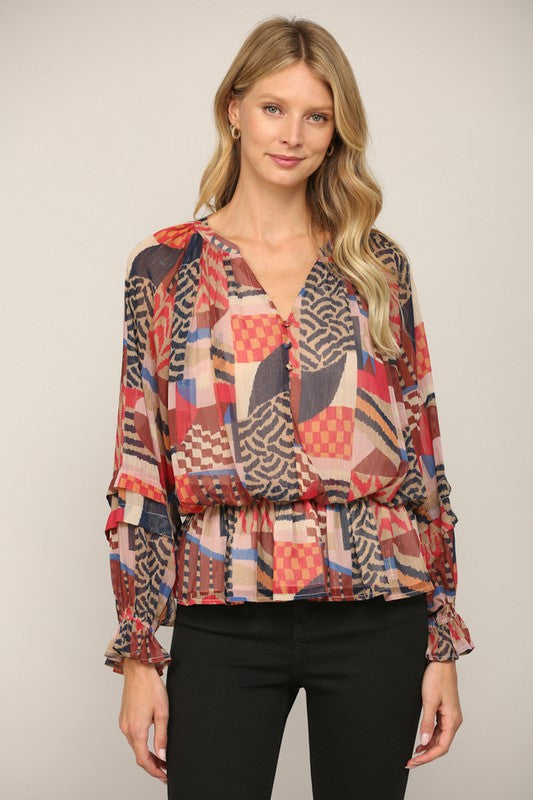 Navy and Brown Abstract Print Top