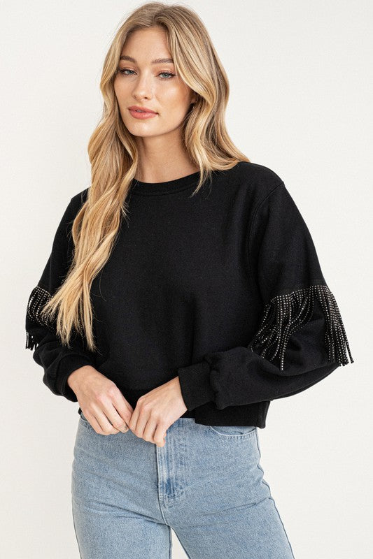 Embellished Fringe Cropped Sweatshirt- Black