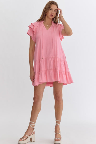 Pink Linen Ruffled Dress