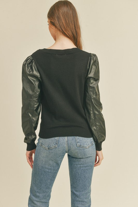 Faux Leather Sleeve Sweater- Black