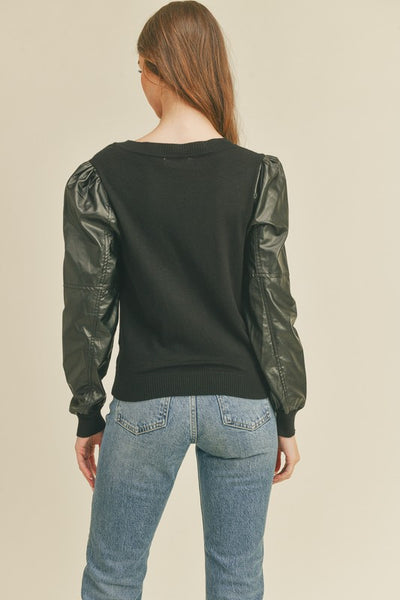 Faux Leather Sleeve Sweater- Black