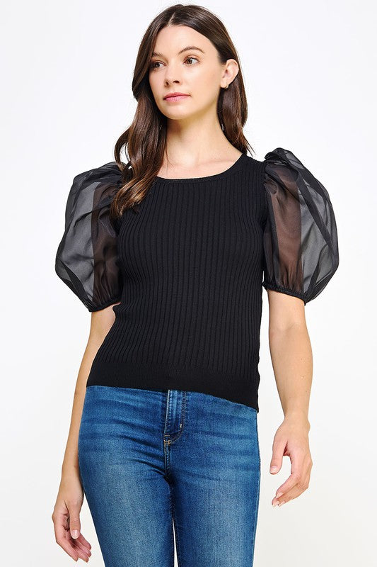 Sheer Puff Sleeve Ribbed Sweater- Black