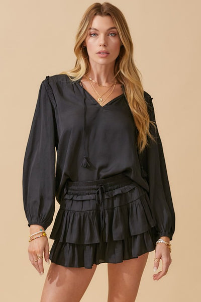 Satin Long Sleeve top with Smocked Detail-Black