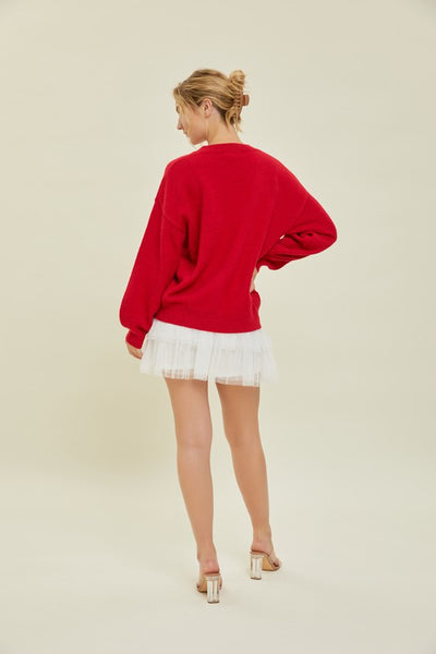 MERRY Fuzzy Graphic Sweater- Red