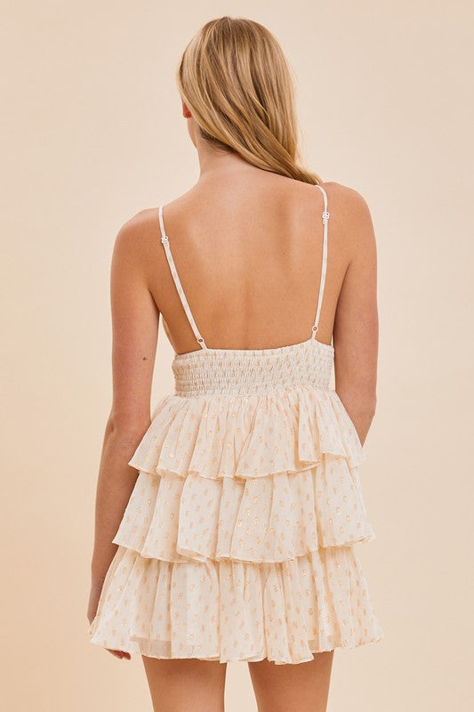 Metallic Gold Dotted Ruffle Tiered Romper
