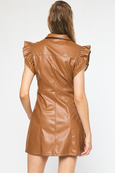 Ruffle Shoulder Faux Leather Mini Dress- Brown