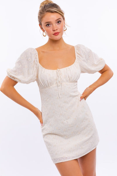 Cream Eyelet Puff Sleeve Dress