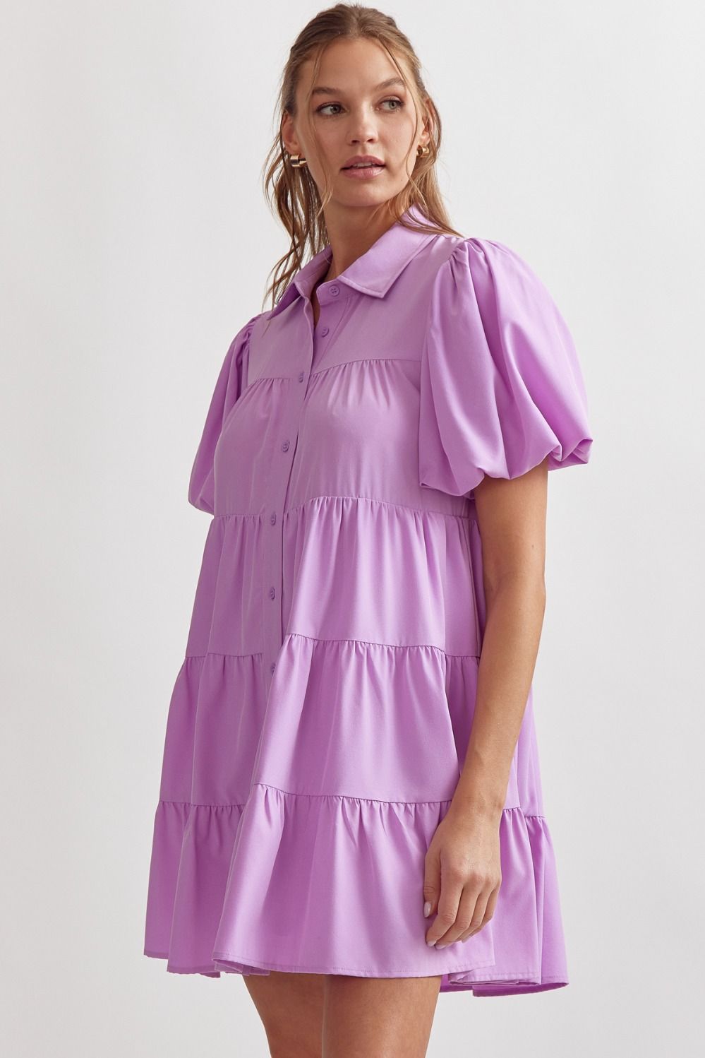 Button Up Tiered Mini Dress- Lavender