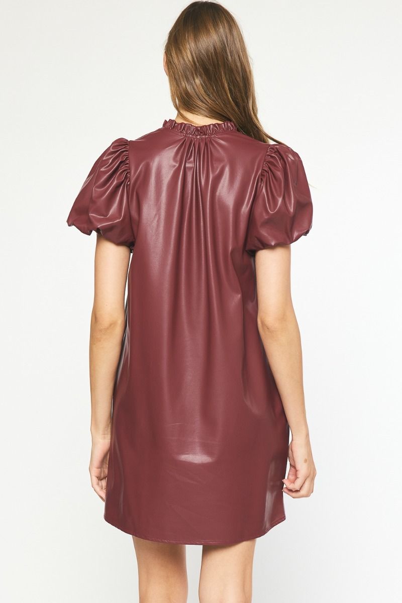Faux Leather V Neck Mini Dress- Garnet