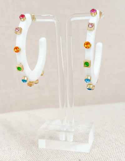 White Multicolor City Girl Jewel Hoop Earring-Large