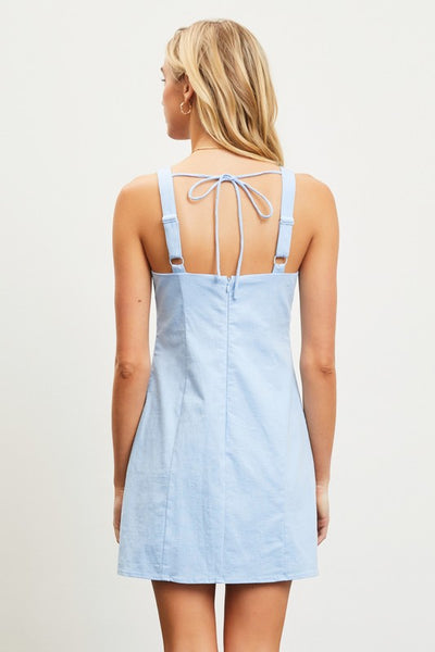 Pleated Bodice Fitted Dress- Chambray Blue