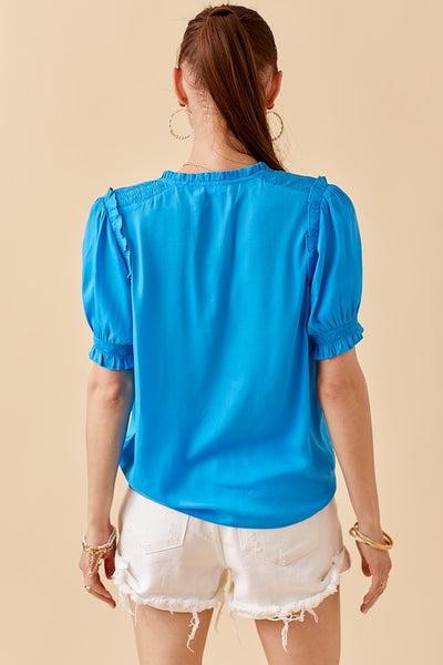 Smocked Shoulder Top- Azure Blue