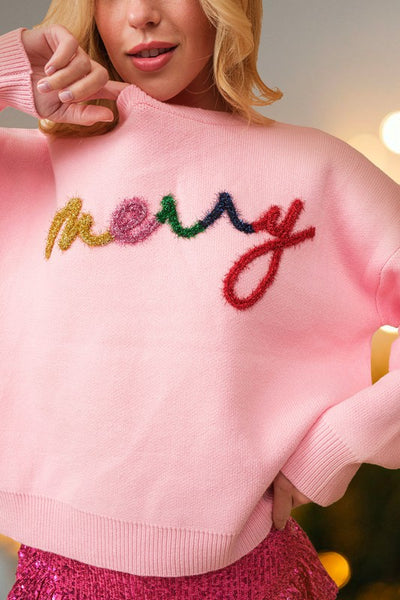 MERRY Multi Colored Tinsel Sweater- Pink