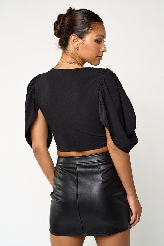 V Neck Pleated Sleeve Top- Black
