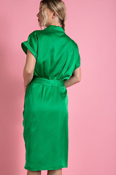 Satin Belted Shirt Dress- Kelly Green