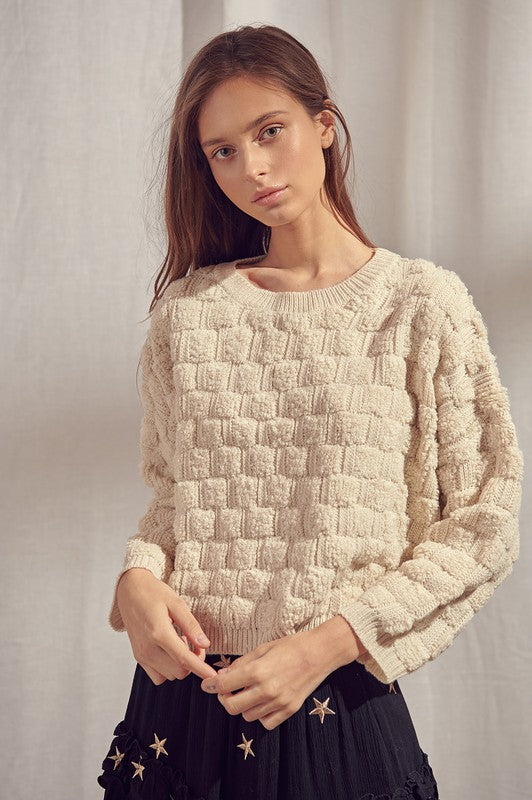 Textured Grid Crop Sweater- Ivory