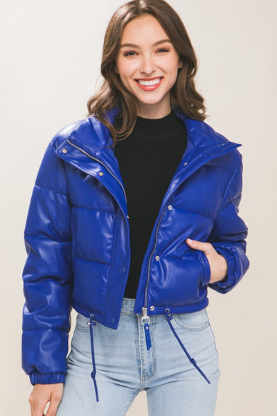Faux Leather Puffer Jacket - Royal