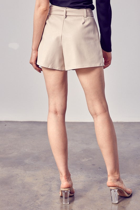 Ecru Belted Faux Leather Shorts