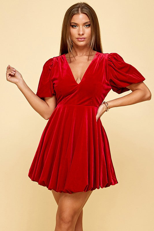 Velvet Bubble Hem Mini Dress- Scarlett Red