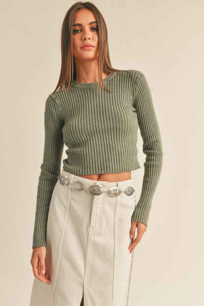 Dye Wash Ribbed Top- Faded Olive