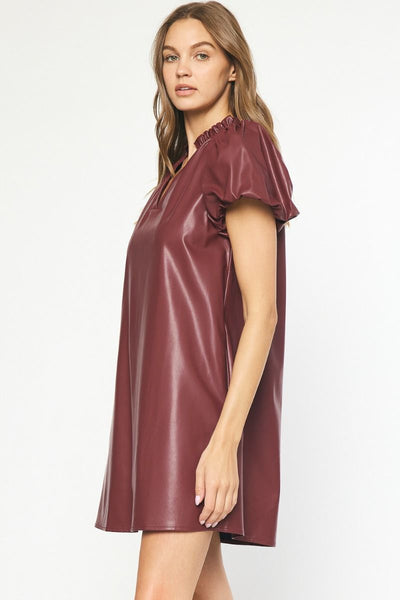 Faux Leather V Neck Mini Dress- Garnet